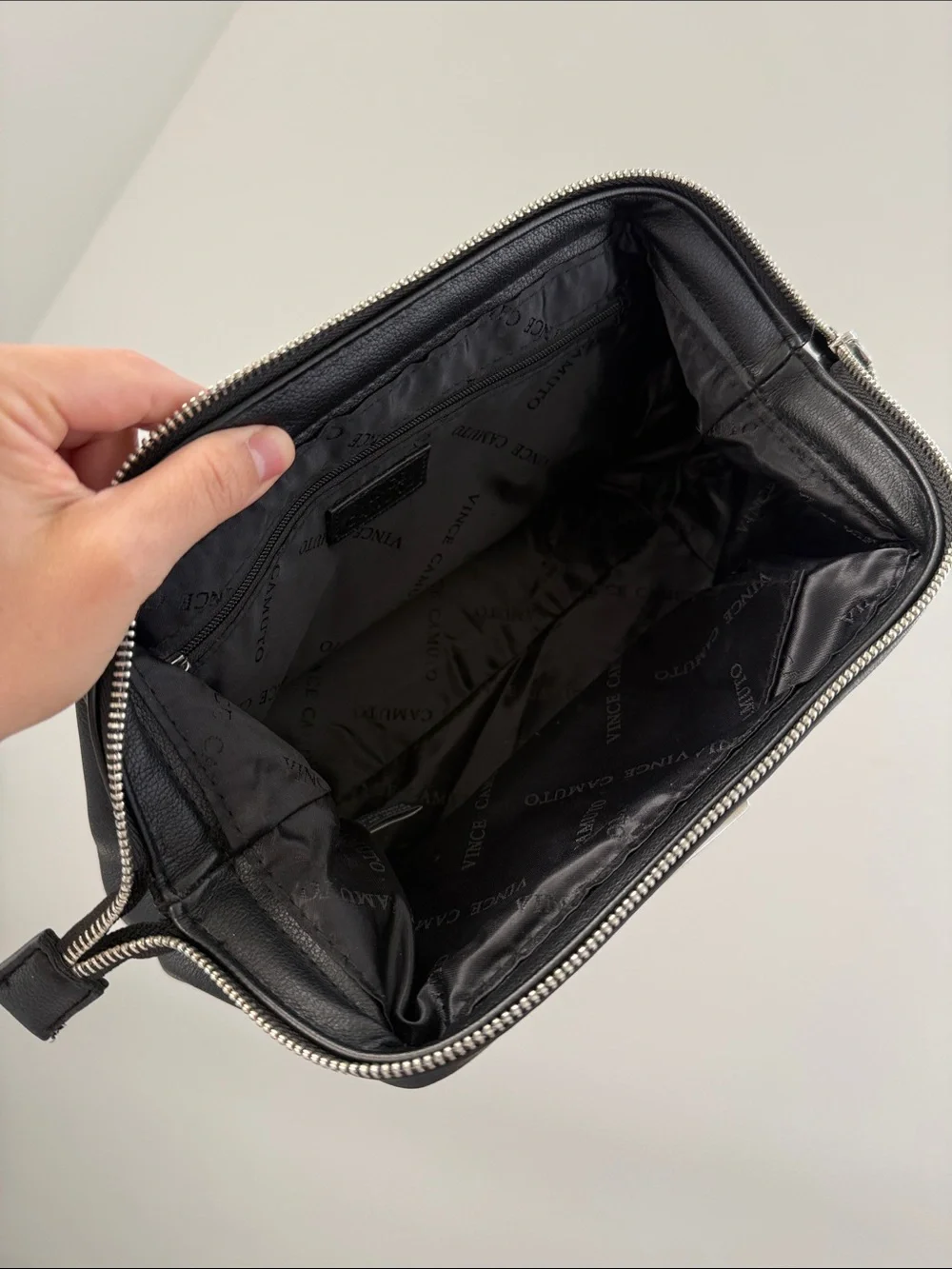Vince Camuto Black Pebbled Leather Zip Cosmetic Toiletries Case